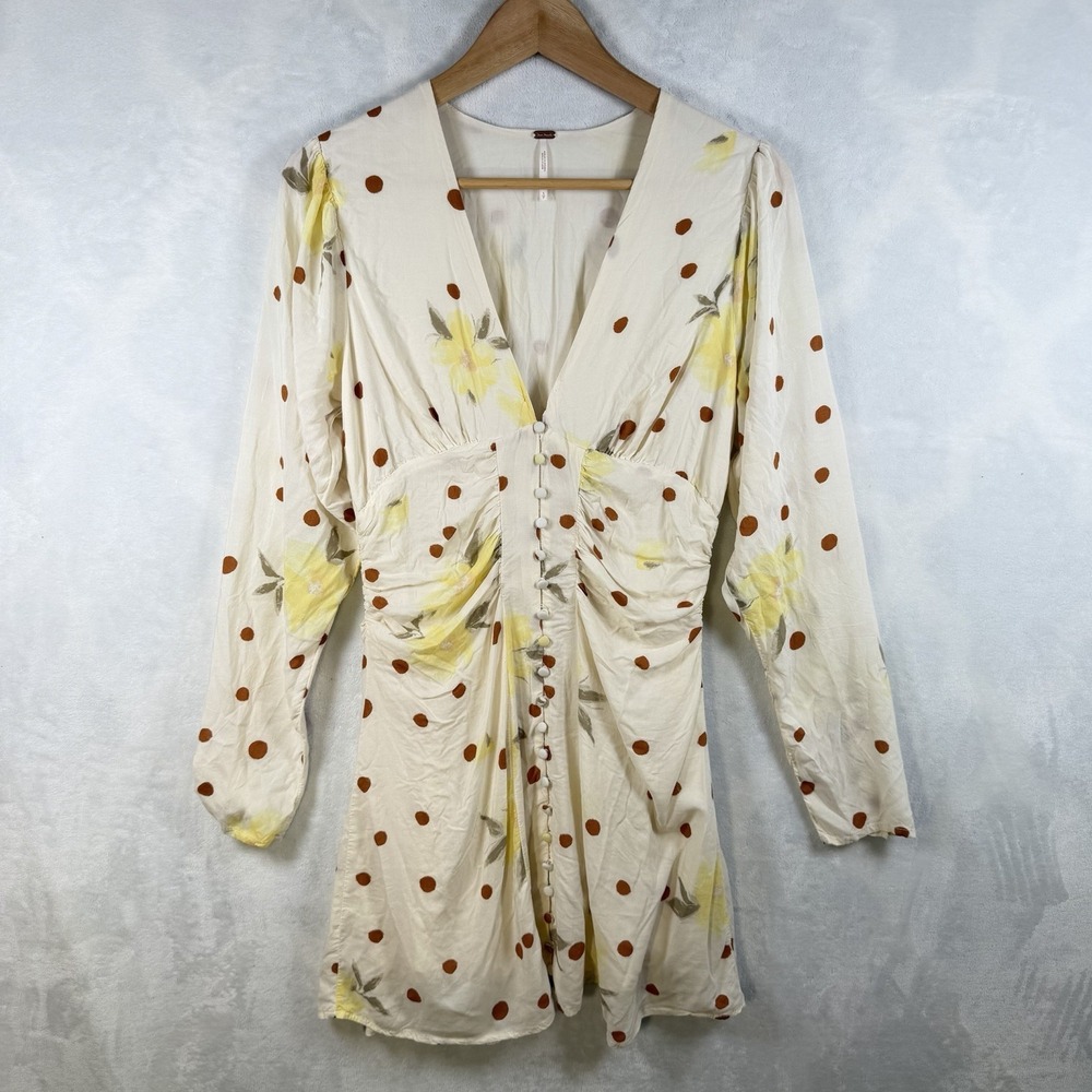 Free People Easy Does It Mini Dress Small Floral Polka Dot V-Neck